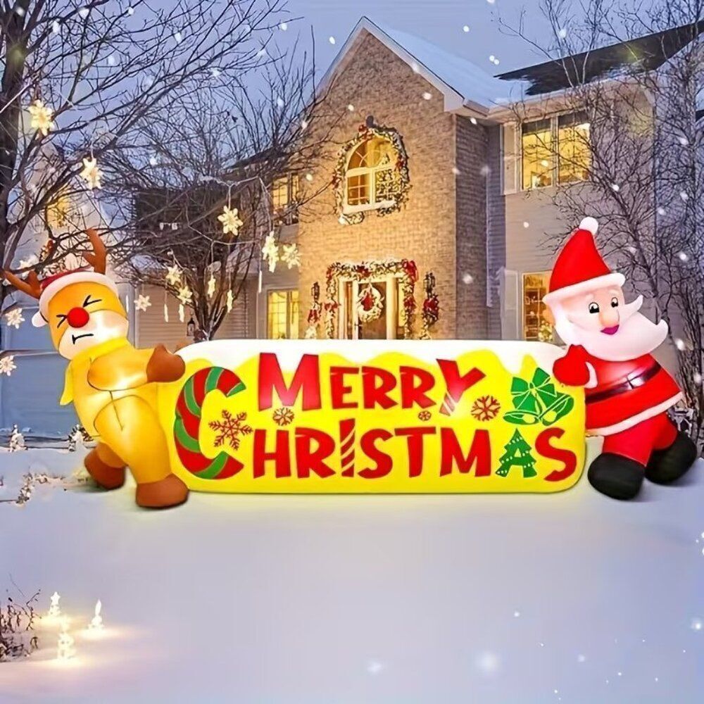 10FT Inflatable Outdoor Decorations Merry Christmas Banner w Santa & Reindeer